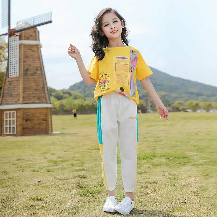 Summer 2 Pieces Cotton Short Sleeve T-Shirts and Long Pant Girls Clothing Set for 5 to 9 Years