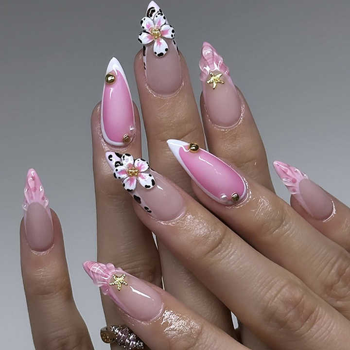 French Leopard Print 3D Diamond Pointed-Triple False Nails