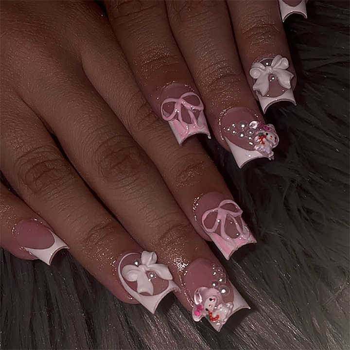 French Leopard Print 3D Diamond Pointed-Triple False Nails