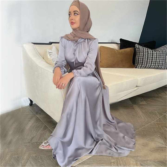 Women Muslim Satin Silk Puff Long-Sleeve Maxi Dress