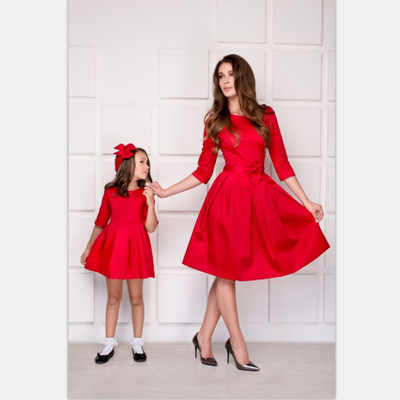 2020 Spring New Family Matching Outfits Pure Color Velvet Bow Parent-child Dress Mother Daughter Matching Dress