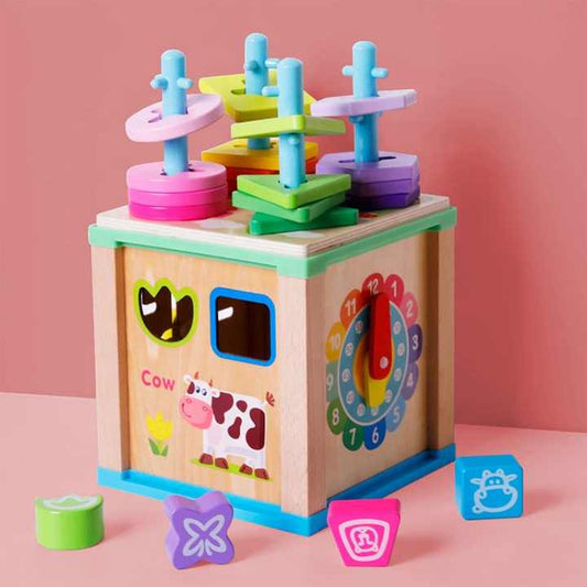Educational Wooden Multifunctional Jewelry Box Round Beads Cube Toy for Kids