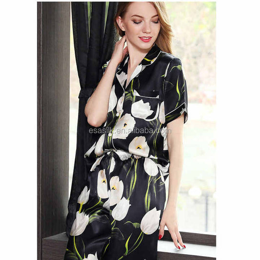 بيجامات حرير خالص طويلة 100% للنساء للبيع بالجملة Wholesale Long 100% Silk Sleepwear Women's Pure Silk Pajamas for Ladies