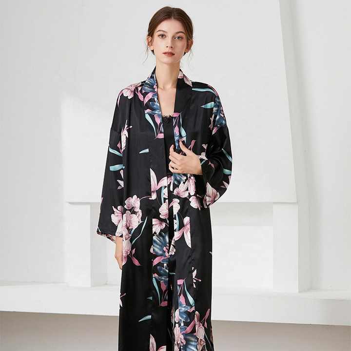 Autumn Sleepwear Women 3 Pieces Silk Sleepwear Pajamas Robe Set Floral Silk Pajamas Night Suit for Women