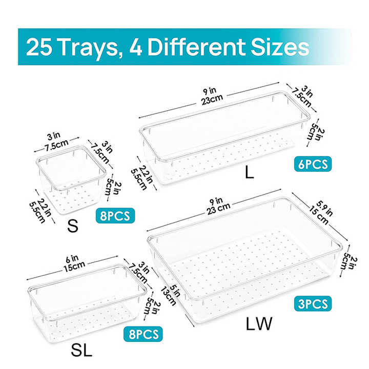 Durable, stackable, clear plastic storage box is space-saving and ideal for home and office organization.