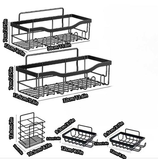 طقم 5 قطع رف حمام مثبت على الحائط أسود حديد للحمام أرفف دش للمطبخ رف تخزين معدني ذاتي اللصق 5 Piece Set Wall Mounted Bathroom Shelf Black Iron Bathroom Shower Shelves Kitchen Self Adhesive Metal Storage Rack
