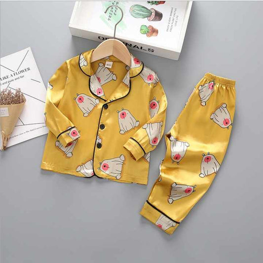 طقم ملابس نوم من الساتان بأكمام طويلة للأطفال مطبوع على الموضة Fashion Printed Kids Long Sleeve Satin Sleepwear Set