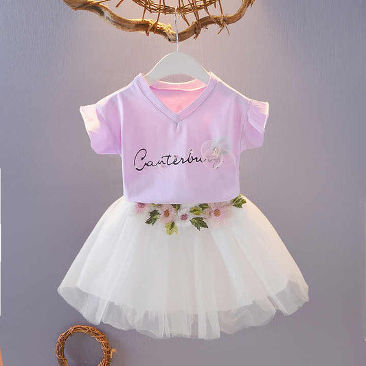 Summer girl Korean version cheap price pure cotton top + puffy skirt 2 pieces children's clothing set
