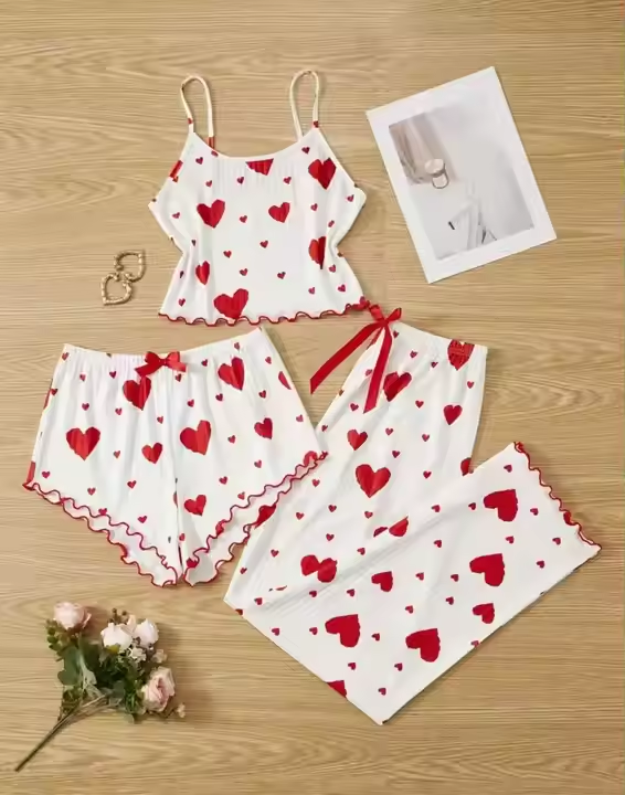 Women's Plus Size Sleepwear Sets Elegant Elastic Waist Summer Pajamas Love Heart Print Soft Knitted Sweet Strapsأطقم ملابس نوم نسائية مقاس كبير أنيقة وخصر مرن بيجامات صيفية للحب طباعة قلب ناعم محبوك بحمالات حلوة
