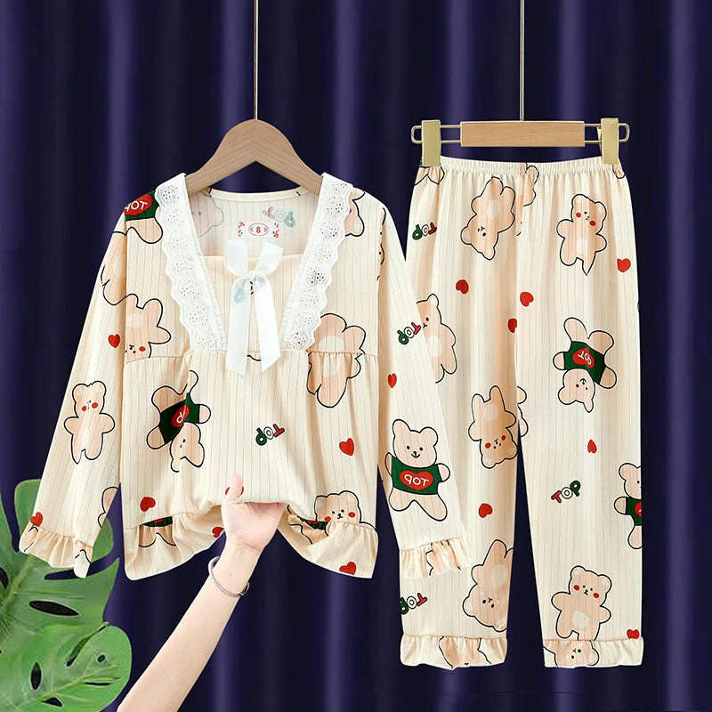 Spring Long Sleeve Pajamas Set, Princess Style Square Collar Pajamas, Cute Cartoon Print Thin Children's