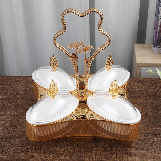 صينية وجبات خفيفة الجافة أطباق فاكهه مع غطاءQian Hu Turkish Luxury Golden Metal Plastic Dry Snack Tray Fruit Plates
