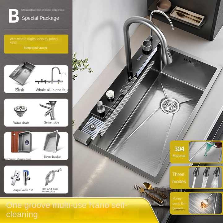 Large stainless steel multi-function kitchen sink for washing vegetables with four holes حوض مطبخ كبير من الفولاذ المقاوم للصدأ متعدد الوظائف لغسيل الخضروات المنزلية بأربعة فتحات
