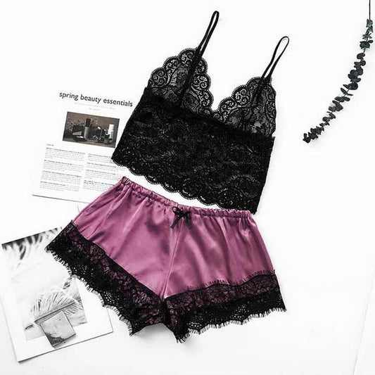 Women's Sexy Lingerie Satin Lace V-Neck Babydoll Sleepwear Sexy Nightwear Sleepwear