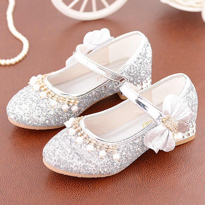 Children's High Heel Dress Shoes Girls Crystal High Heel Pearl Studded Shoes In Stock