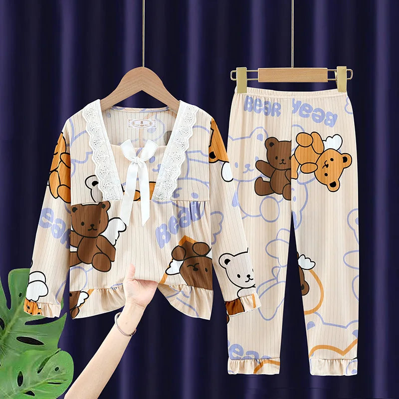 Spring Long Sleeve Pajamas Set, Princess Style Square Collar Pajamas, Cute Cartoon Print Thin Children's