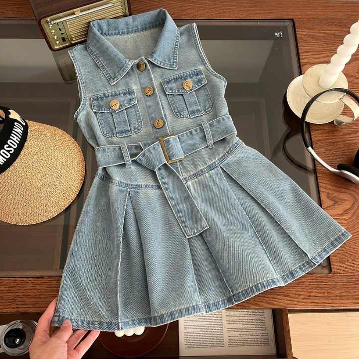 Summer New Girls' Casual Sleeveless-فستان جينز صيفي