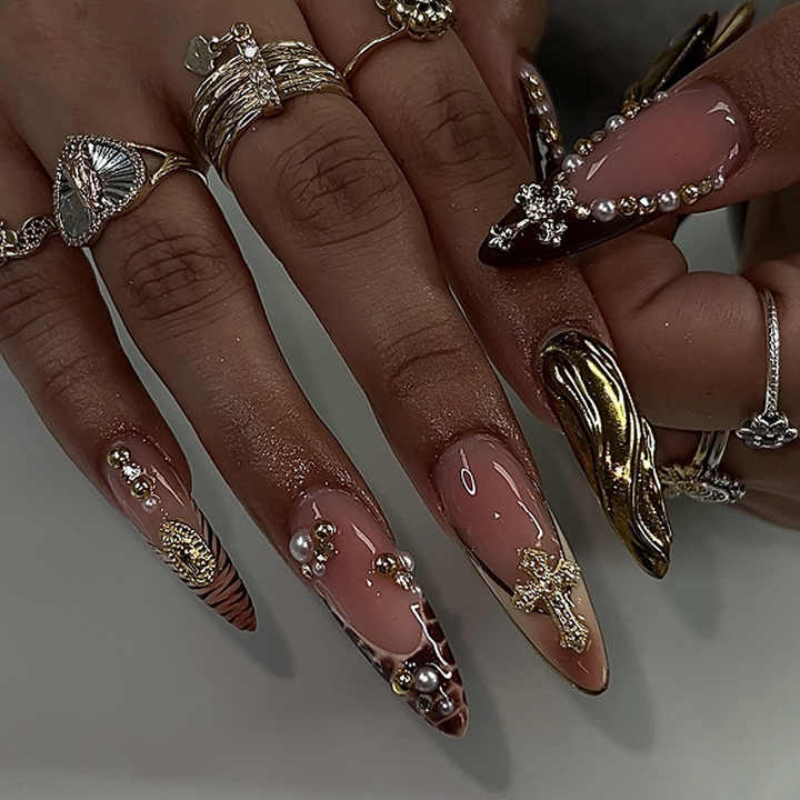 French Leopard Print 3D Diamond Pointed-Triple False Nails