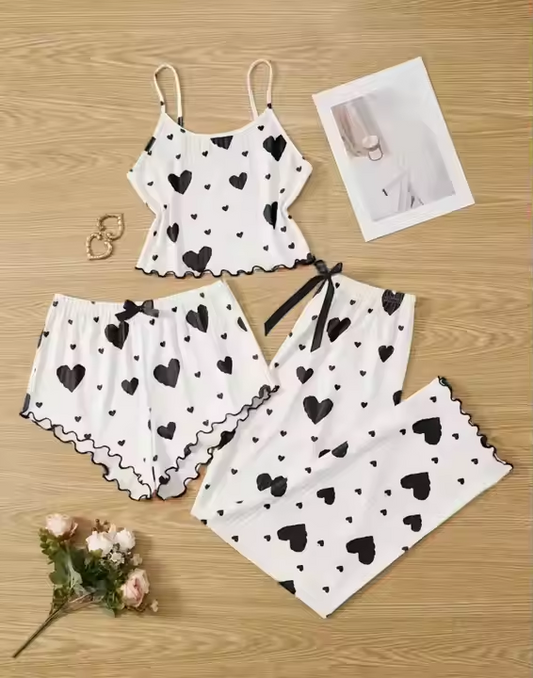 Women's Plus Size Sleepwear Sets Elegant Elastic Waist Summer Pajamas Love Heart Print Soft Knitted Sweet Straps