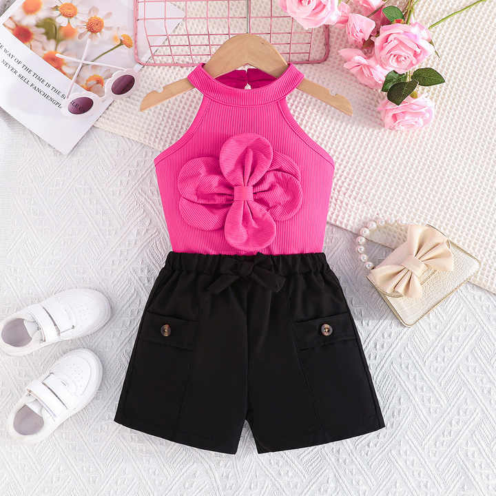 0-5 Years Girls Solid V-Neck Floral Sleeveless 3D Ribbed Bra Elastic Shorts Baby Clothes