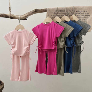 Little Girls Summer Clothes Set Short Sleeve T-shirt Tops+Light-up Pants 2 Piece Outfits M3804