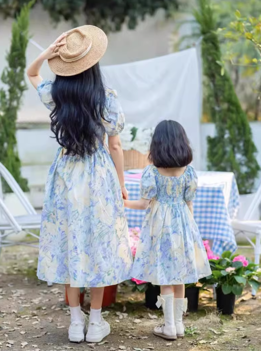 Cute Baby Girls Casual Print Chiffon Family