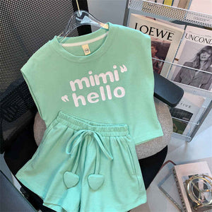 بدلة رياضية للبنات جديدة للأطفال بدون أكمام سراويل قصيرة New Girls' Sports Suit for Kids Sleeveless Wide Leg Shorts