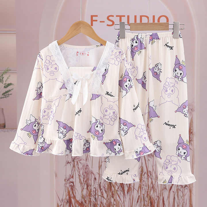 Spring Long Sleeve Pajamas Set, Princess Style Square Collar Pajamas, Cute Cartoon Print Thin Children's
