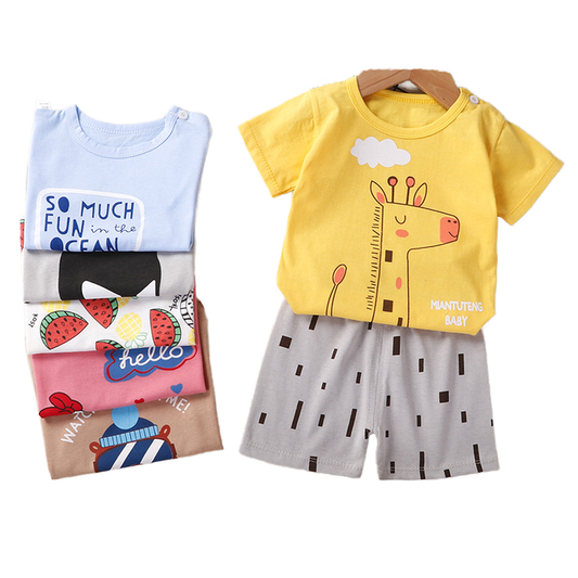 تي شيرت قطني بنمط كرتوني بدلة من قطعتين . Cartoon Pattern Cotton T-shirt 2-piece Suit for Boys and