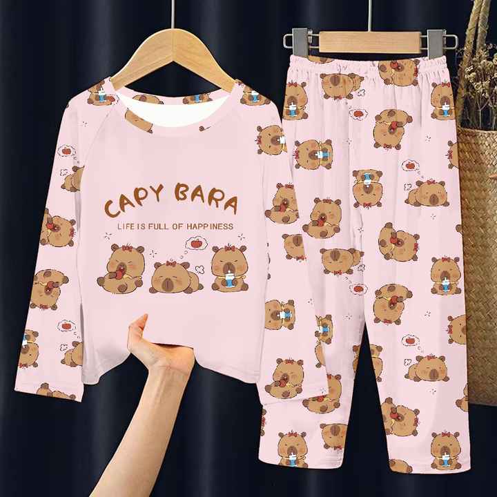 Cartoon Capybara Spring and Summer Children's Thin Long-sleeved Pajamas Set for Boys and Girls Full Printed Home Clothes