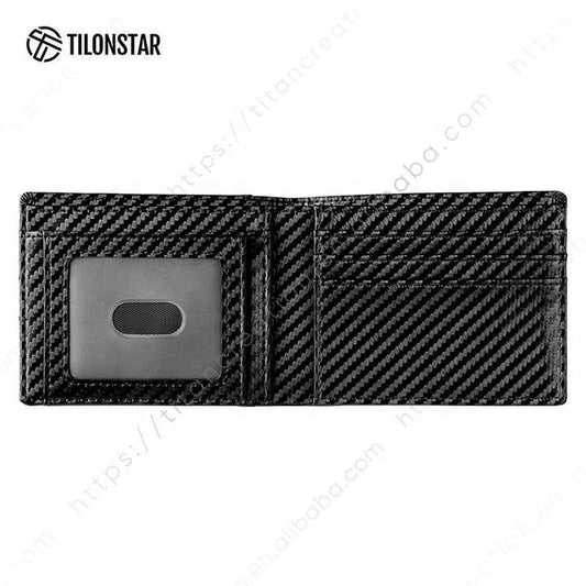 محفظة رجالية جلدية قصيرة قابلة للطي من ألياف . Men's Short Carbon Fiber Leather Bifold Wallet in Black