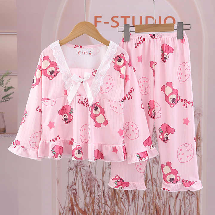 Spring Long Sleeve Pajamas Set, Princess Style Square Collar Pajamas, Cute Cartoon Print Thin Children's