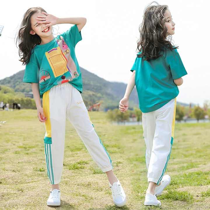 Summer 2 Pieces Cotton Short Sleeve T-Shirts and Long Pant Girls Clothing Set for 5 to 9 Years