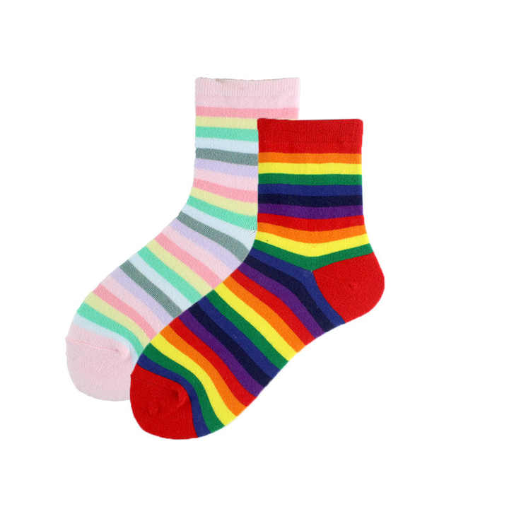 Soft Girl Candy Color Rainbow Striped Knitted Piled Socksجوارب نسائية بطول الكاحل على الطراز الكوري الجنوبي لفصل الربيع والصيف
