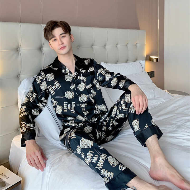 Spring, new men's ice silk floral pajamas