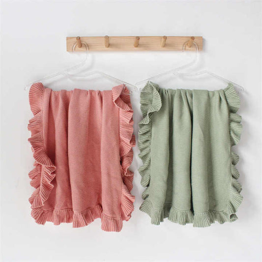 بطانية أطفال قطنية محبوكة من الدانتيل الدافئ الناعم مع بطانية لحضانة حديثي الولادة بكشكشة Soft Warm Lace Knitted Cotton Baby Blanket with Ruffle Newborn Nursery Blanket