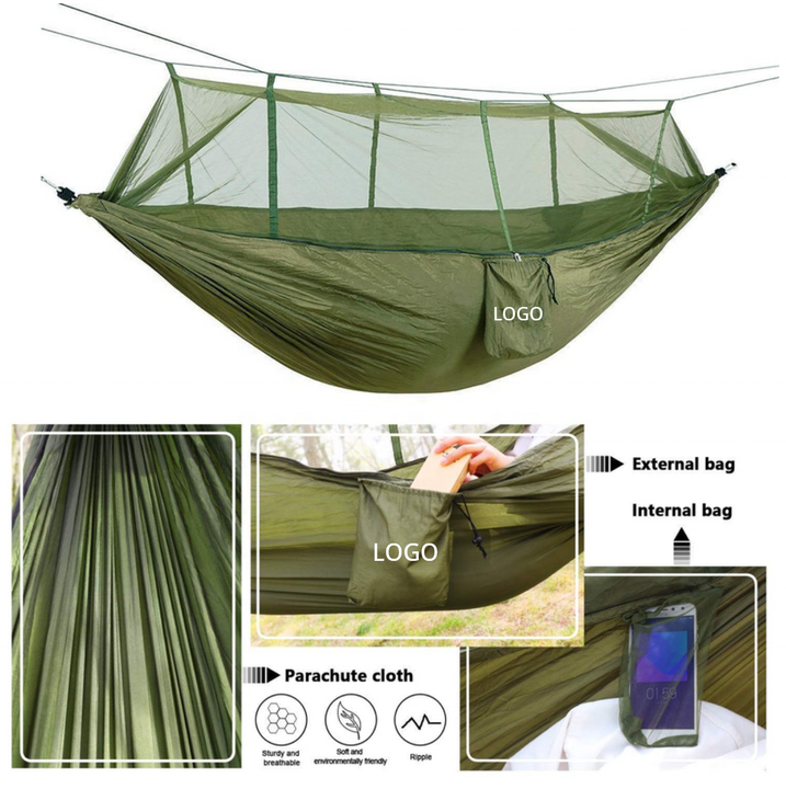 High Quality Nylon Camping Outdoor Hammock with Mosquito Net Lightweight Portable Double Parachute Hammocks Tent for Hiking أرجوحة تخييم خارجية عالية الجودة من النايلون مع ناموسية خفيفة الوزن محمولة بمظلة مزدوجة للمشي لمسافات طويلة