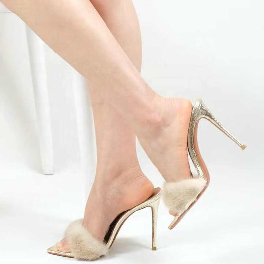 أحذية كعب نسائية فاخرة من فرو المنك