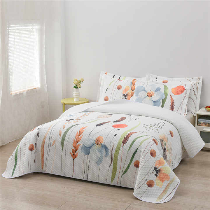 3 Piece Jacquard Bedspread Sets, Digital Printed Floral