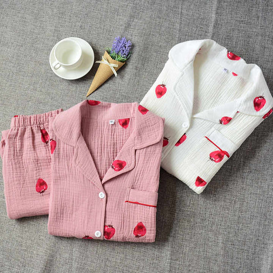 Cute Strawberry Printed Long Sleeve V Neck Nightgown Women Cotton Pajama Set for Women