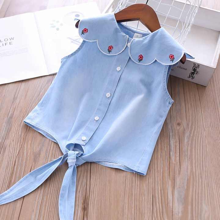 الصيف الفتيات مجموعة ملابس الدنيم زهرة المطرزة التلبيب 2022 Summer Girls Clothing Set Denim Flower Embroidered Lapel Top + Net Yarn Skirt 2 Pieces Suit Princess Baby Kids Children Clothes