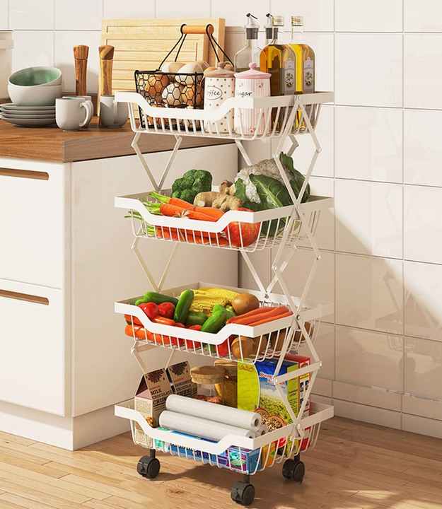 Home & Kitchen Foldable Fruit & Vegetable Storage Basket Rolling Standing Organizer Shelf Trolley with Wheels