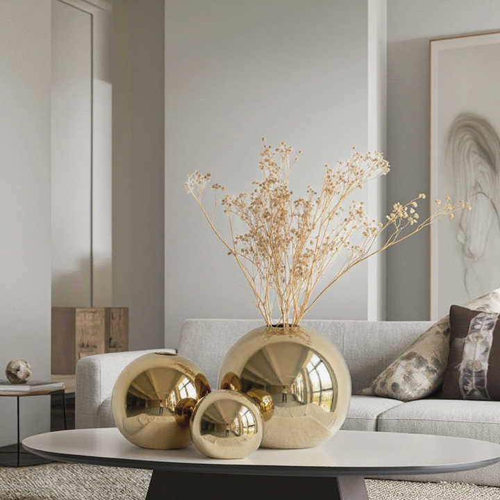 Golden Plated Ceramic Ball Flower Vase Figurines for Modern Interior Decorative Pot for Home Living Room