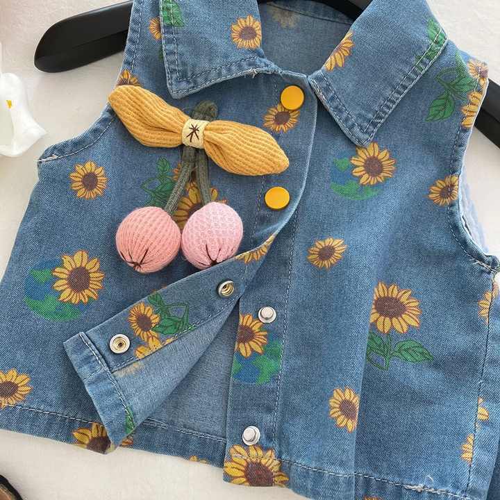 Skirt 2-piece Set Retro Kids girls Clothes Girl-طقم أطفال صيفي من قماش الدنيم الأزرق