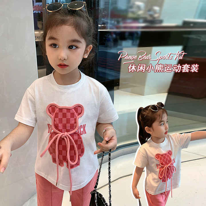 Newest Summer Teenager Clothing Set Bear Print Cotton Crop Top T-shirt + Wide Leg Pants for Girls 2 Piece Outfits