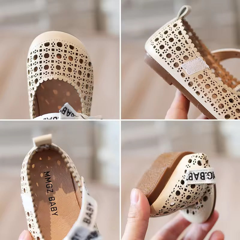 New Spring Girls Leather Princess Shoes Children's Sandals Outdoor Hollow Breathable Soft Bottom Summer Setأحذية ربيعية جديدة للبنات من الجلد للأميرات صندل للأطفال للخروج مجوف جيد التهوية مع مجموعة صيفية بقاع ناعم