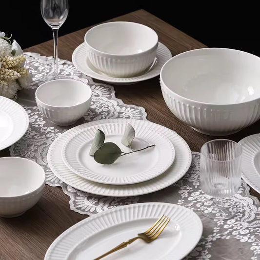 طقم عشاء فاخر مدور أبيض منقوش لمطعم الفندق - Luxury White Round Embossed Dinner Set