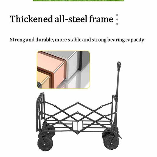 مركبة سفر محمولة قابلة للطي بأربع عجلات مع طاولة من الفولاذ الكربوني ، مناسبة للتخييم العائلي والشاطئ في الهواء الطلق -Portable Folding Four Wheel Travel Cart with Carbon Steel Table, Suitable for Family Camping and Outdoor Beach