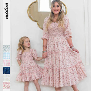 Summer Mother Daughter Dresses Elegant Puff Sleeve Floral Print Dress 100% Polyester Woven Simple Midi Dress with Custom Printed Embroidered Logo 