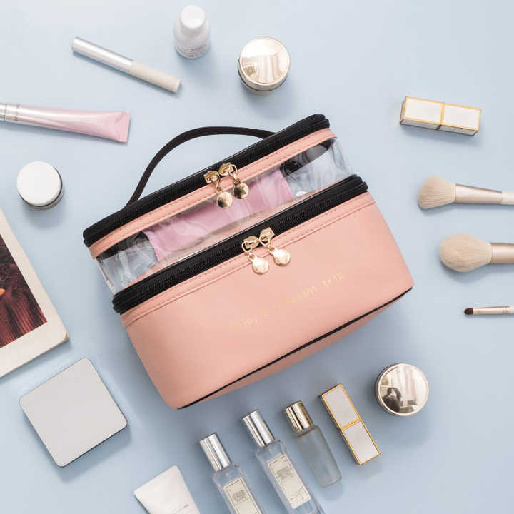 حقيبة مكياج من طبقة مزدوجة شفافة - Double Layer Makeup Bag Portable Travel