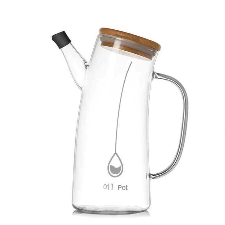 New Design 1L Handmade Sealed Leakproof Heat Resistant High Borosilicate Clear Thick Glass Oil Pot with Handle and Bamboo Lid 